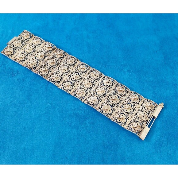 Vintage Wide Filigree Silver Bracelet Intricate Tile Design 1 3/4" W 7" L - Picture 4 of 9